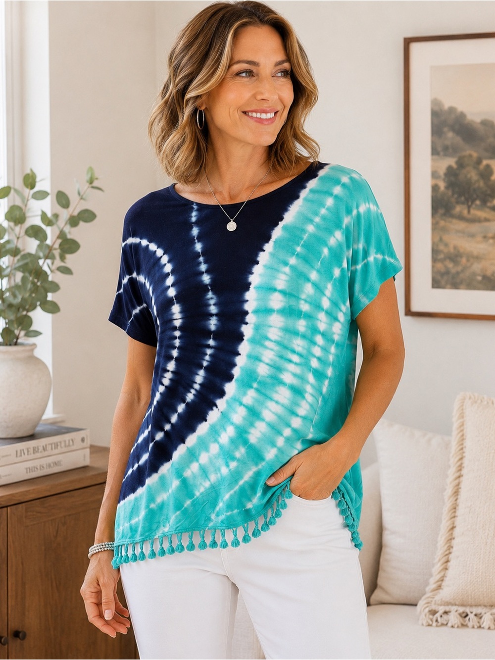 Zenergy by Chico’s Tie Dye Tassel Hem Top Size 2 Large L Navy Turquoise